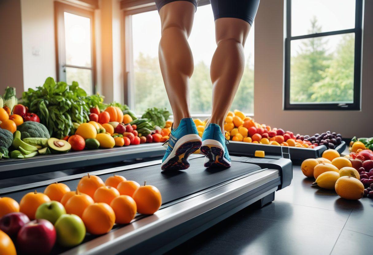 A dynamic scene of a person exercising in a modern gym, surrounded by vibrant fruits and vegetables, symbolizing a healthy diet. The person is shown running on a treadmill, with a stopwatch and a water bottle nearby, emphasizing fitness and hydration. The background features motivational fitness quotes. vibrant colors. super-realistic.
