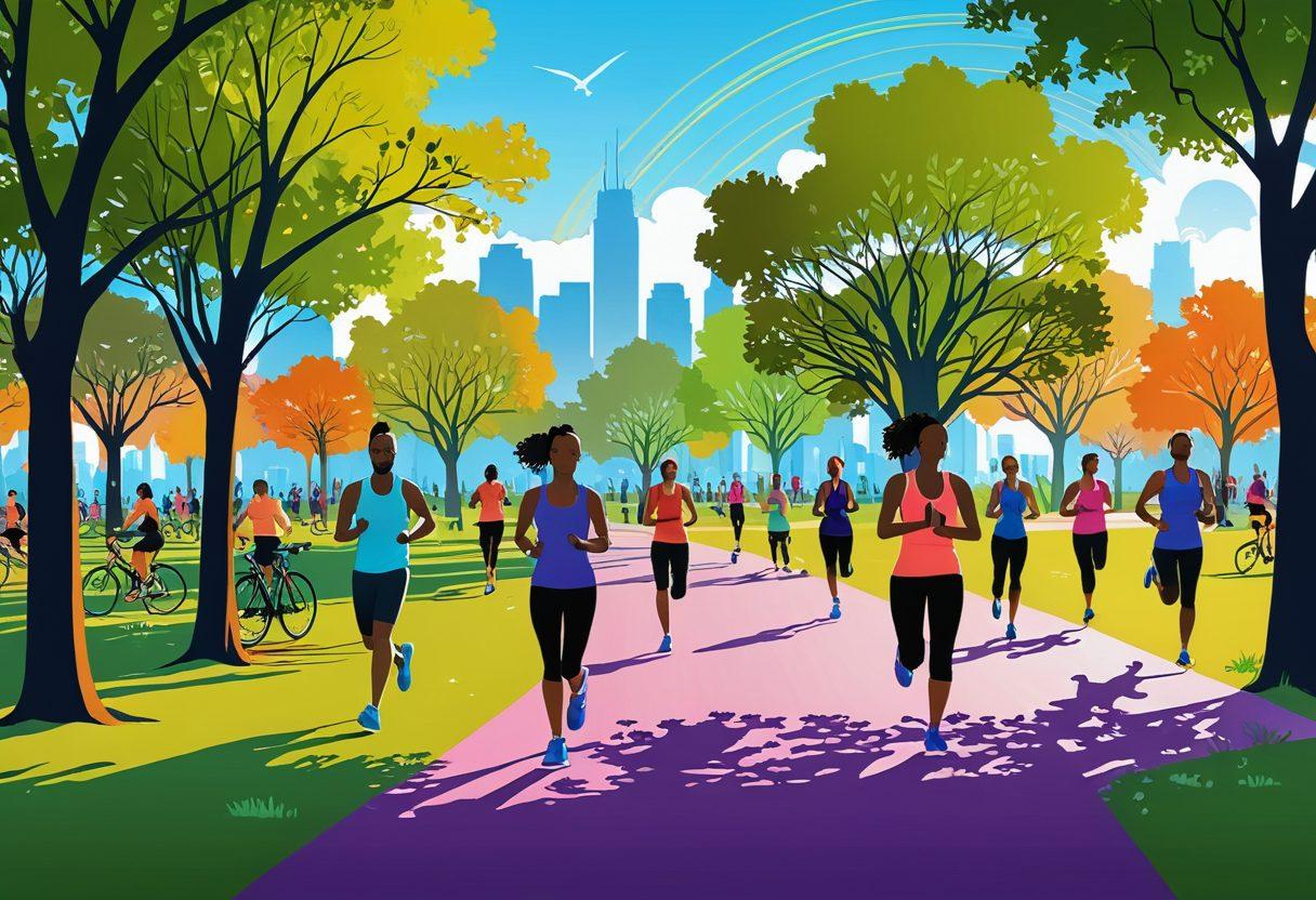 Illustrate a dynamic and energetic scene of diverse individuals engaging in various exercises like running, cycling, and yoga against a vibrant city park backdrop. Show visible elements of calorie burn, like glowing energy trails and heart rate monitors. The background should be sunny, implying a positive and motivating atmosphere for fitness enthusiasts. vector art. vibrant colors.
