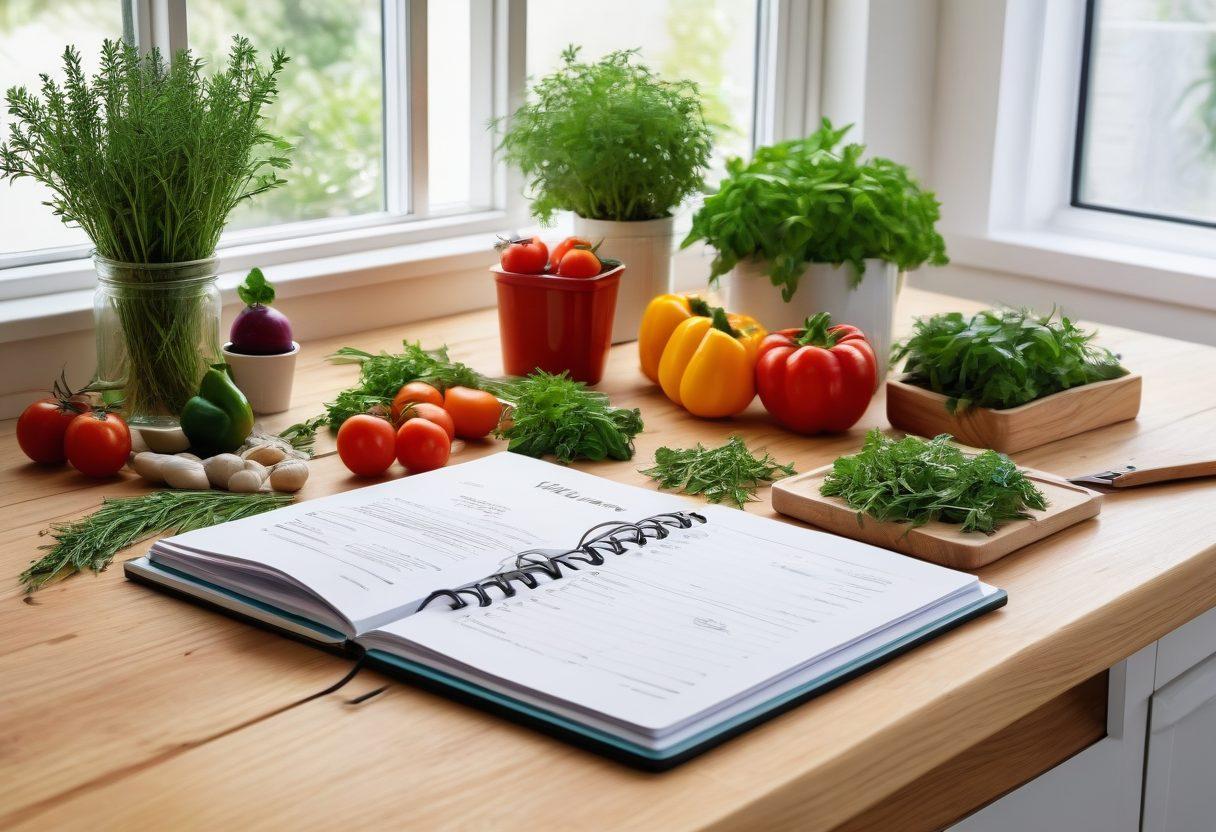 A vibrant, healthy kitchen scene featuring a variety of colorful, fresh vegetables, fruits, grains, and lean proteins arranged neatly. An open notebook with meal plans and dietary guidelines lies on a wooden countertop, with a serene background of a sunlit window highlighting an herb garden. super-realistic. vibrant colors. white background.